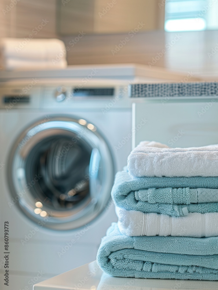 Aufkleber A stack of neatly folded laundry sits in front of a modern washing machine. The towels are folded and arranged in a pleasing way, representing cleanliness and order. Generative AI