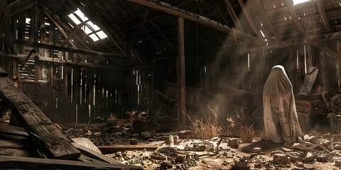 A ghostly presence lurking in the shadows of an old, decrepit barn, with broken beams and rusted tools scattered about