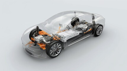 A car is shown in a 3D model, with its engine and other parts visible. The orange color of the car gives it a futuristic and sleek appearance AI generated