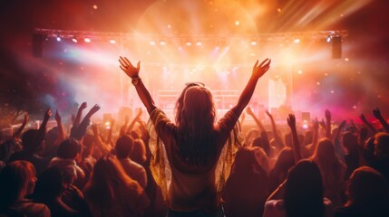 A large crowd enjoying a concert with bright stage lights, confetti falling, and a performer on stage, encapsulating the excitement and enthusiasm of live events.