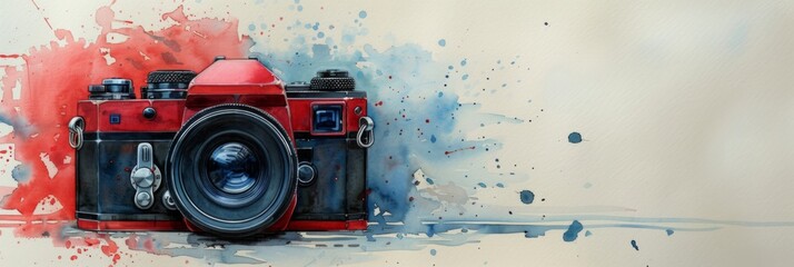 Vintage photo camera on watercolor background with copy space, illustration. World Photography Day