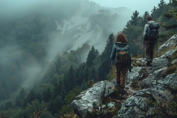 Two Hikers Traverse Mountain Ridge in Foggy Forest