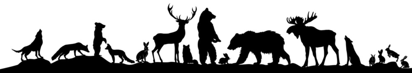 Set of silhouettes of forest animals. hand drawing. Not AI, Vector illustration