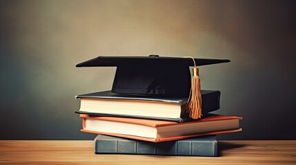 Graduation hat and stack of study books. with copy space