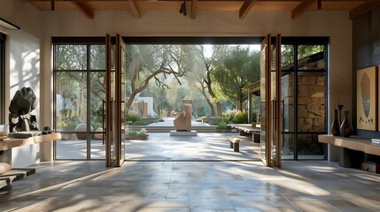 artistic studio with large pivot doors that open to a sculpture garden, creating a flowing space where art meets nature