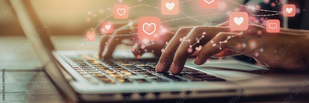 Poster a persons hands are typing on a laptop with social media icons floating around them, representing di