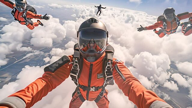 A breathtaking first-person perspective skydiving experience over the clouds