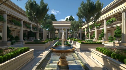 elegant fountain courtyard with symmetrical planting beds and a central water feature, designed in the style of a Roman atrium