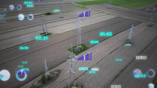 Digital data graphic overlay over pylon electrical towers. 3D render