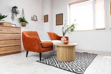Comfortable sofa, chest of drawers and vase of eucalyptus branches on coffee table in living room