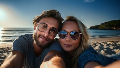 Fototapeta premium happy smiley couple on vacation on beach make a selfie, travel alone concept 