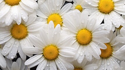 Fototapeta premium Blooming Daisy flowers composition. Close-up of white daisies with yellow centers covered in water droplets. Filled on full screen.