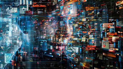 Young person portrait on abstract social media background, face against digital data pattern. Theme of network, connect, global news, people, online.