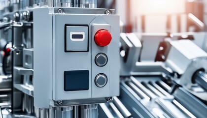 Close-up emergency switch of automation machines. Shut-off unit with red button, copy space.