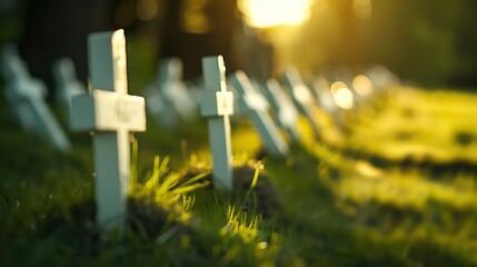 Rows of white crosses in a military cemetery