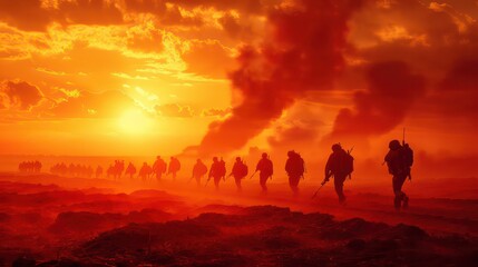 Fototapeta premium Soldiers silhouetted against a fiery sunset