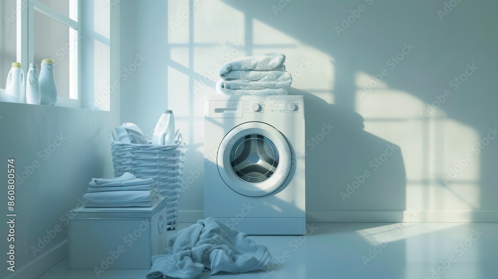 Poster a white washing machine sits in a bright bathroom with a window and sunlight streaming through. clea