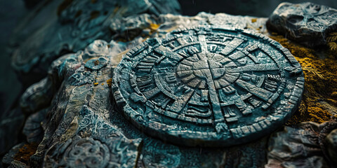 Close-up of an enigmatic symbol carved into an ancient stone, its meaning lost to time
