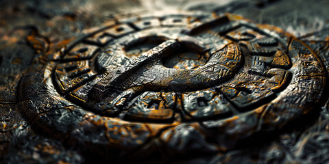 Close-up of an enigmatic symbol carved into an ancient stone, its meaning lost to time