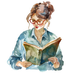 Watercolor illustration of a woman reading a book, wearing glasses. The artwork depicts a serene and thoughtful moment with soft colors.