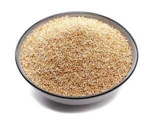 Amaranth pops in bowl, popped grains isolated on white background, side view