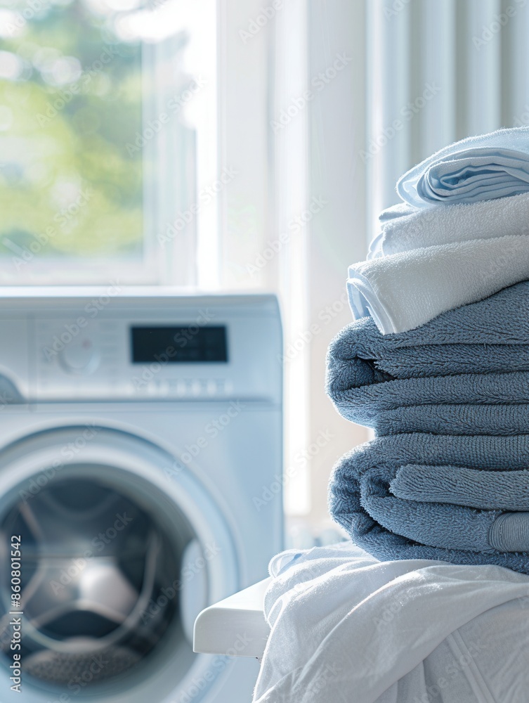Poster A stack of neatly folded, clean laundry sits on a countertop next to a washing machine. Generative AI