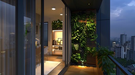 cozy corner in a high-rise apartment with sliding panels that open up to a vertical garden on the balcony