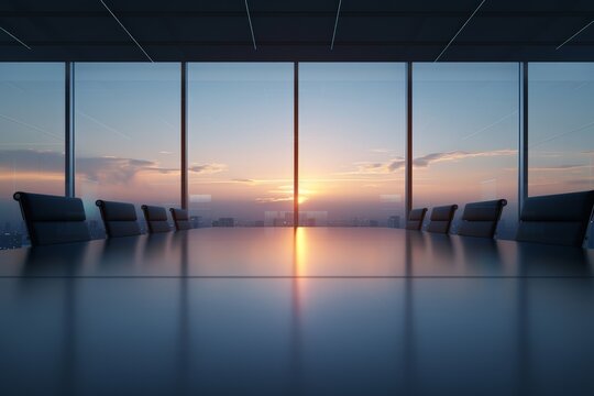 Modern conference room with large windows overlooking a stunning sunset, creating an inspiring work environment. Astounding view and reflection.
