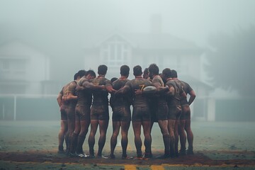 Rugby Team Huddle in Foggy Field