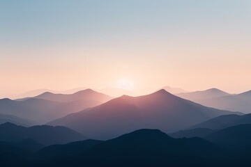 Serene sunrise over misty mountains casting a soft pastel glow. Peaceful, tranquil natural landscape ideal for background or meditation visuals.