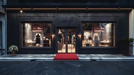 high-end fashion boutique with a dark charcoal exterior, chic display windows, and a red carpet entrance for exclusive events