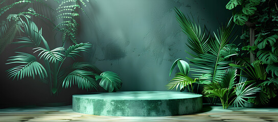 Background green podium product platform 3D display stage stand luxury. Green background podium abstract studio leaf pedestal scene minimal plant design cosmetic light presentation wall modern tree.