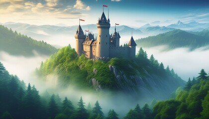 Fototapeta premium Castle sitting atop a mountain peak surrounded by a dense fog and forest