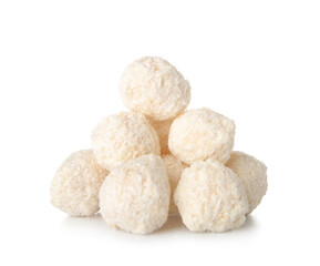 Delicious chocolate candies with coconut topping isolated on white background