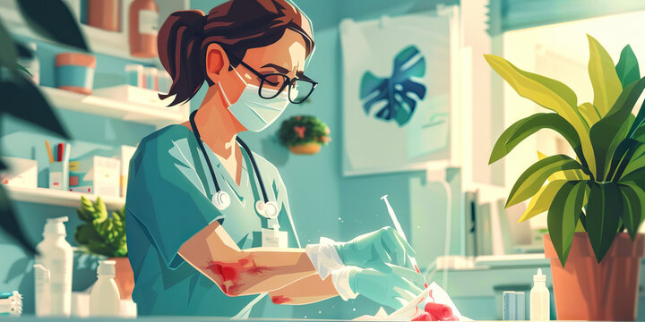 A nurse tenderly cleans and bandages a cut making sure it's not bleeding anymore.