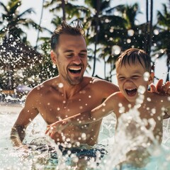 Obraz premium pleasure summertime family happy together dad with son playing splash water ocean beach pool with laugh fun cheerful enjoy family moment with love