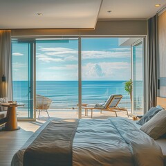 Fototapeta premium modern seaside luxury hotel room, apartment with background sea view: inside bed tea, balcony view, seaside holiday, beach hotel architecture concept