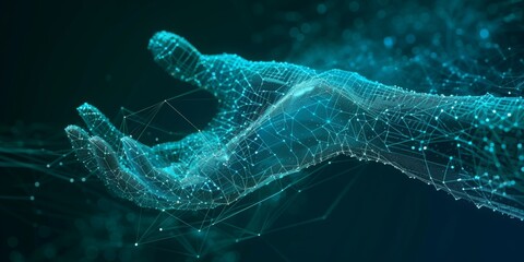 Futuristic depiction of hand composed of dot lines symbolizing convergence of technology and human touch. Detailed anatomy and dark cyan palette convey connectivity and progress.