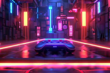 Video game controller with neon lights on the background, Ai Generated