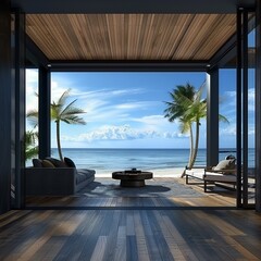Obraz premium beautiful home interior space with black living room wooden floor with ocean seaside blue sky sea sand beach summer freshness travel season window view house design tropical style