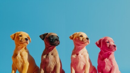 Adorable geometric puppies smiling brightly on vibrant neon watercolors background