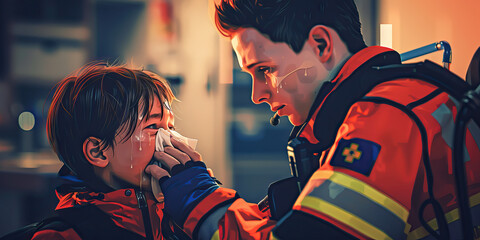 A paramedic tenderly wipes away tears from a young victim's face, offering words of comfort and reassurance