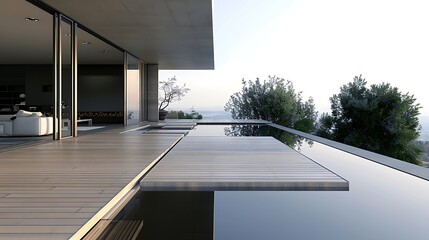 Fototapeta premium minimalist deck with hidden floor panels that lift to reveal a reflective pool