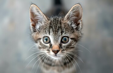 Close Up of Tabby Kitten With Green Eyes Looking at Camera