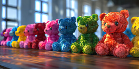 A row of colorful stuffed animals sit on a table, waiting eagerly for the next round of the contest