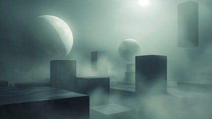 2. Design a minimalist abstract landscape with floating, translucent cubes and spheres illuminated by a soft, ambient glow, set in a serene, monochromatic environment.