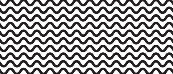Thick horizontal wavy lines. Black parallel undulate stripes background. Wiggly, squiggly pattern. Water, river or lake, sea or ocean texture. Simple minimalistic print. Vector graphic illustration