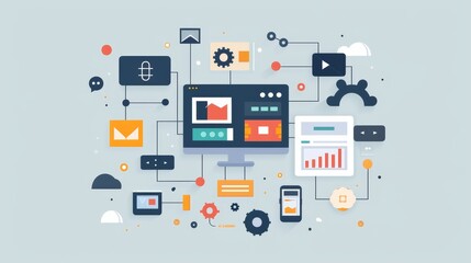 This illustration shows a simplified representation of the backend of a website or application, using a flat design style