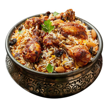 Delicious fragrant chicken biryani served in a traditional decorative bowl, garnished with herbs, nuts, and raisins.