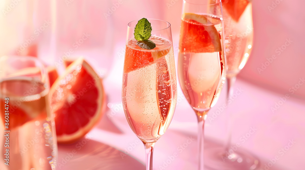 Poster champagne rose sparkling wine or paloma cocktails in crystal glasses on pink background with pieces 